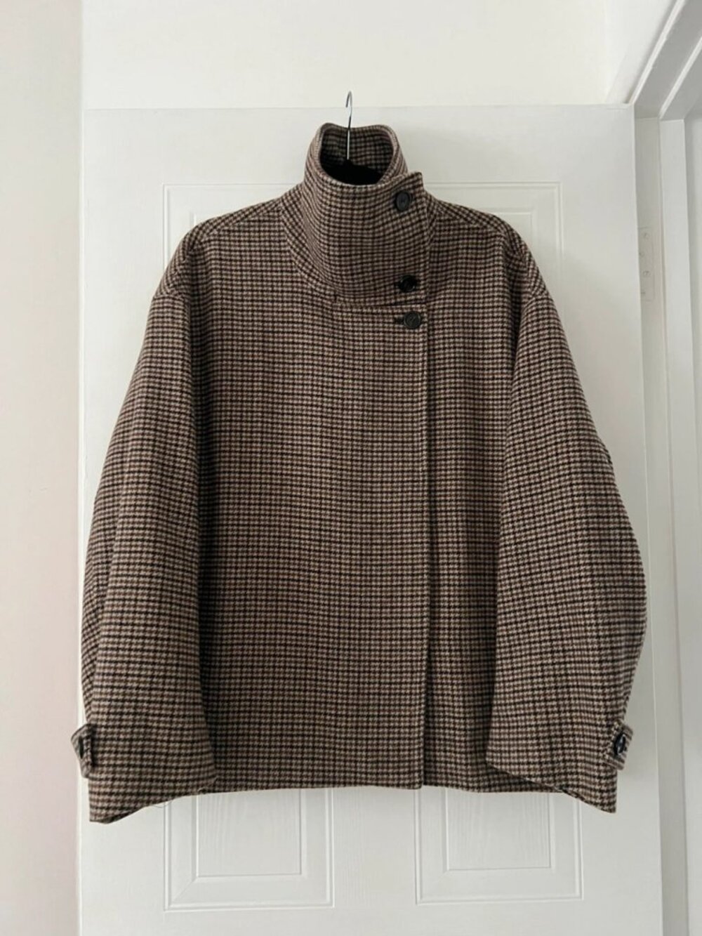 ARKET Wool Funnel Neck Coat, Black & Brown, L